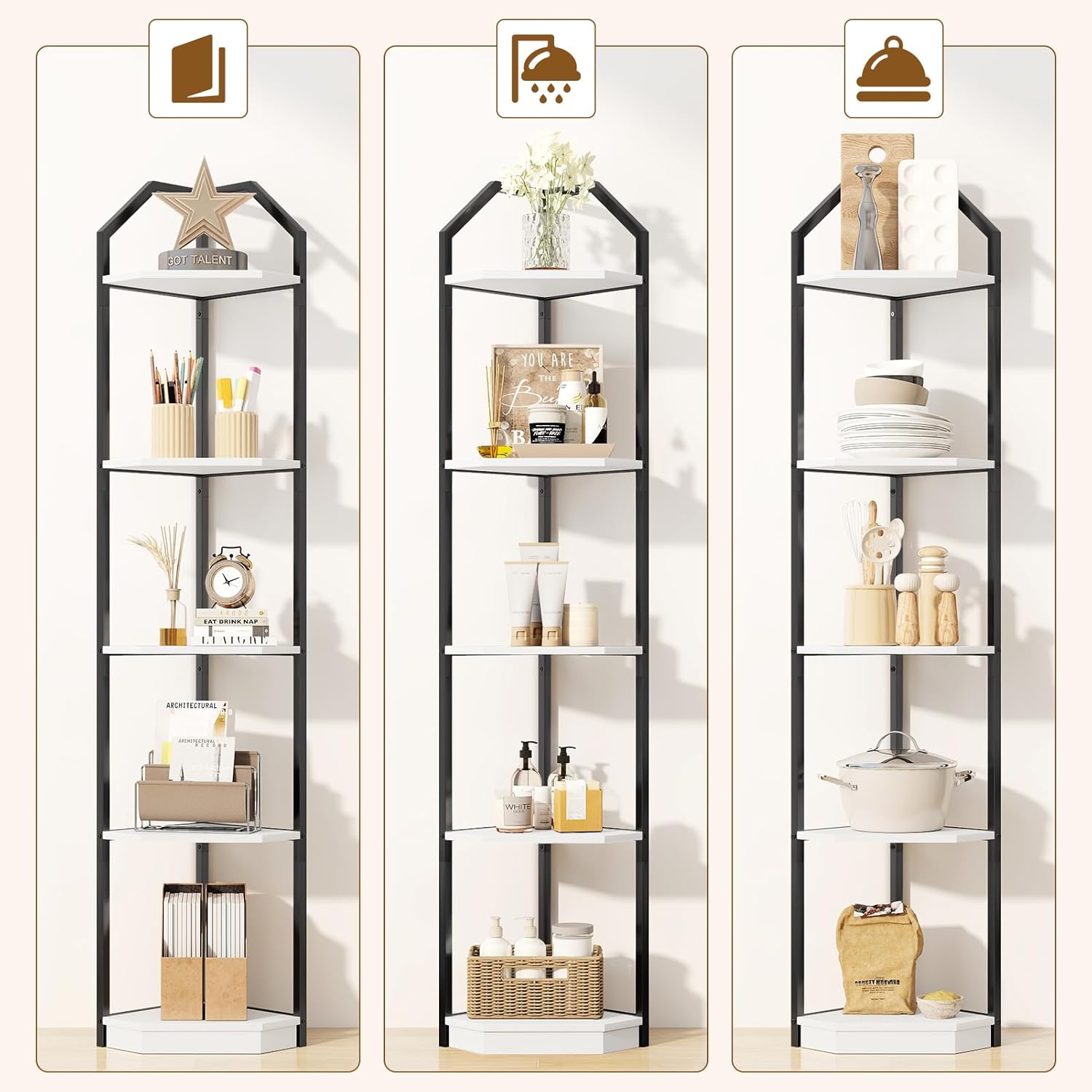 70 Inch Tall Corner Shelf Stand with 5 Tiers White