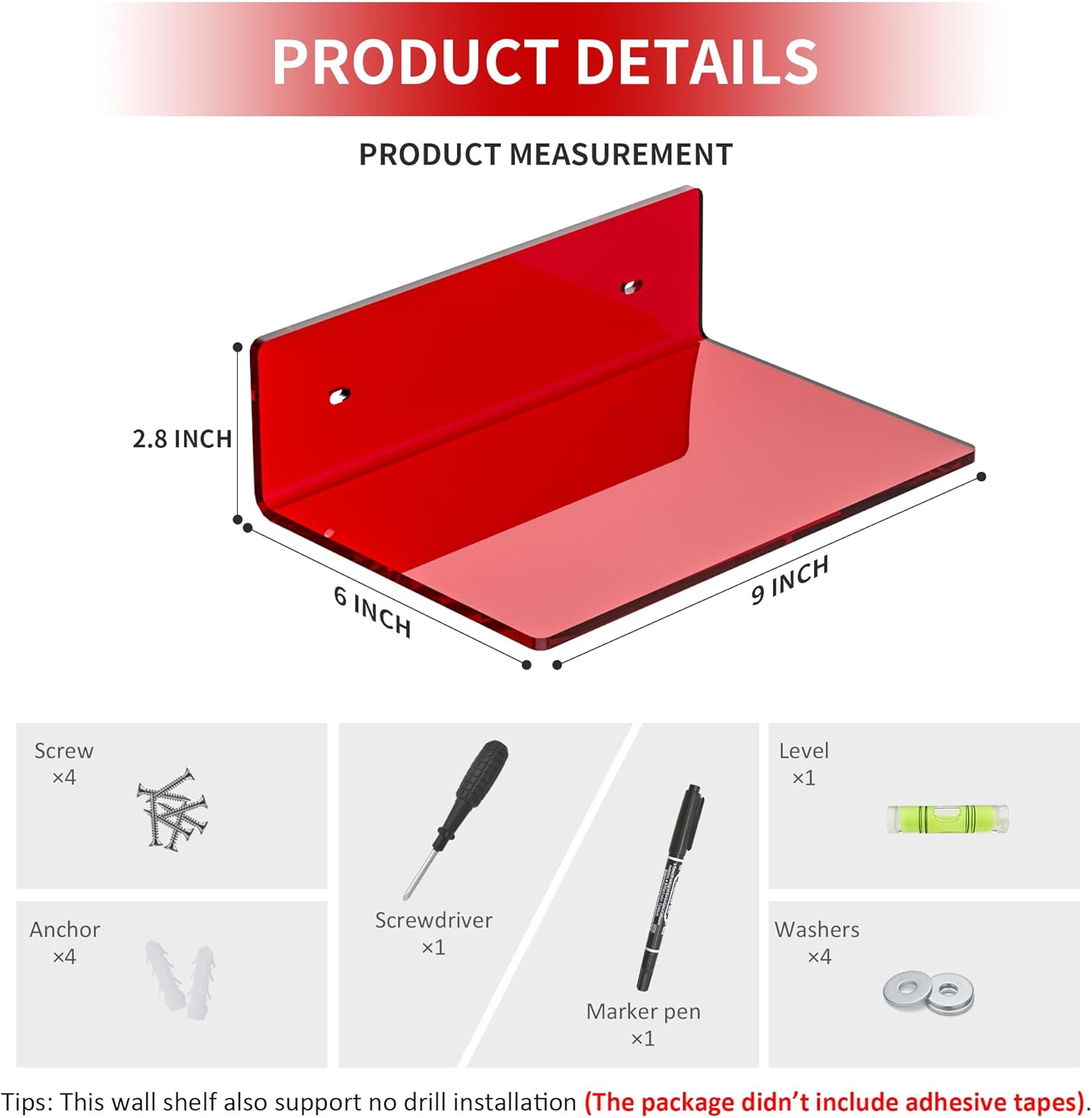 9 Inch Red Acrylic Wall Shelf 2 Pack