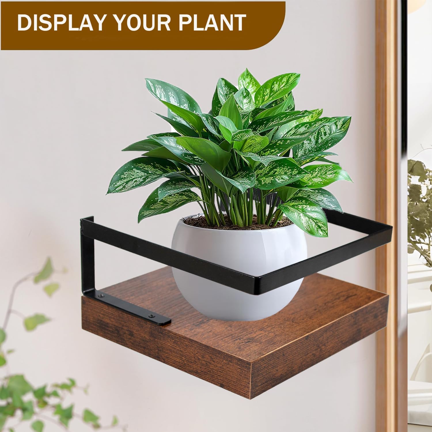 ARTORA Wall Mounted Plant Holder Wooden Floating Shelf with Invisible Bracket and Guardrail