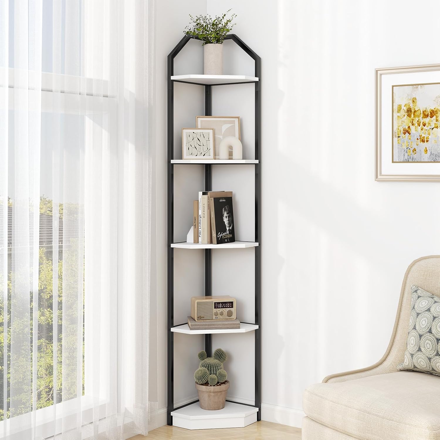 70 Inch Tall Corner Shelf Stand with 5 Tiers White