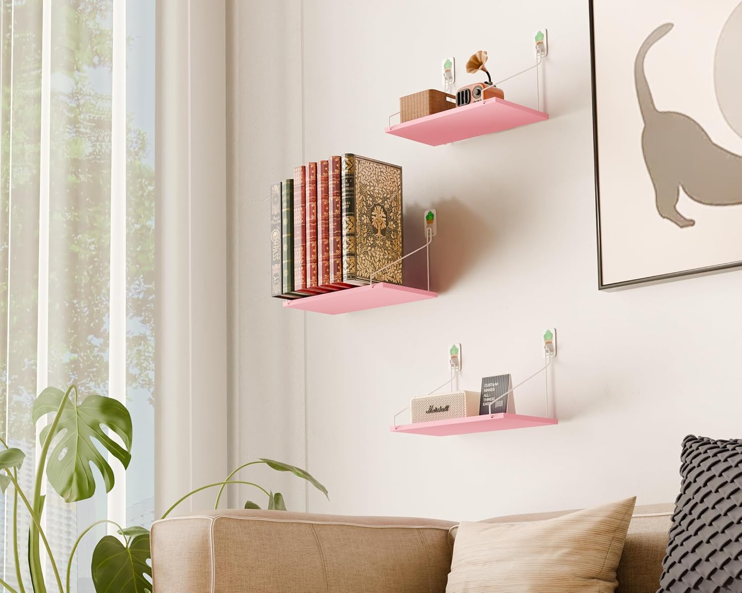 Set of 3 Rustic Wood Floating Shelves with Adhesive Hooks