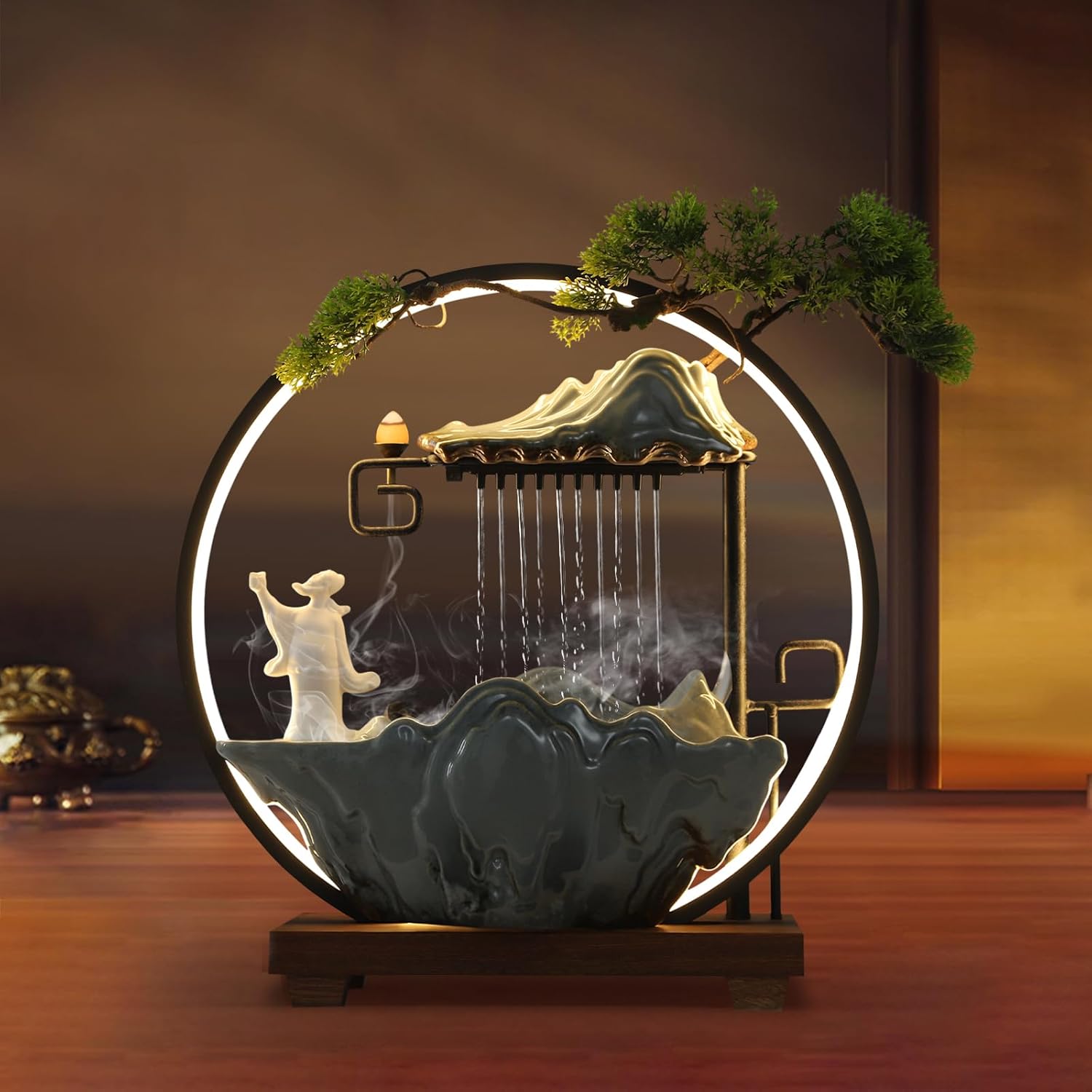 Stylish Tabletop Water Fountain with LED Light and Atomizer