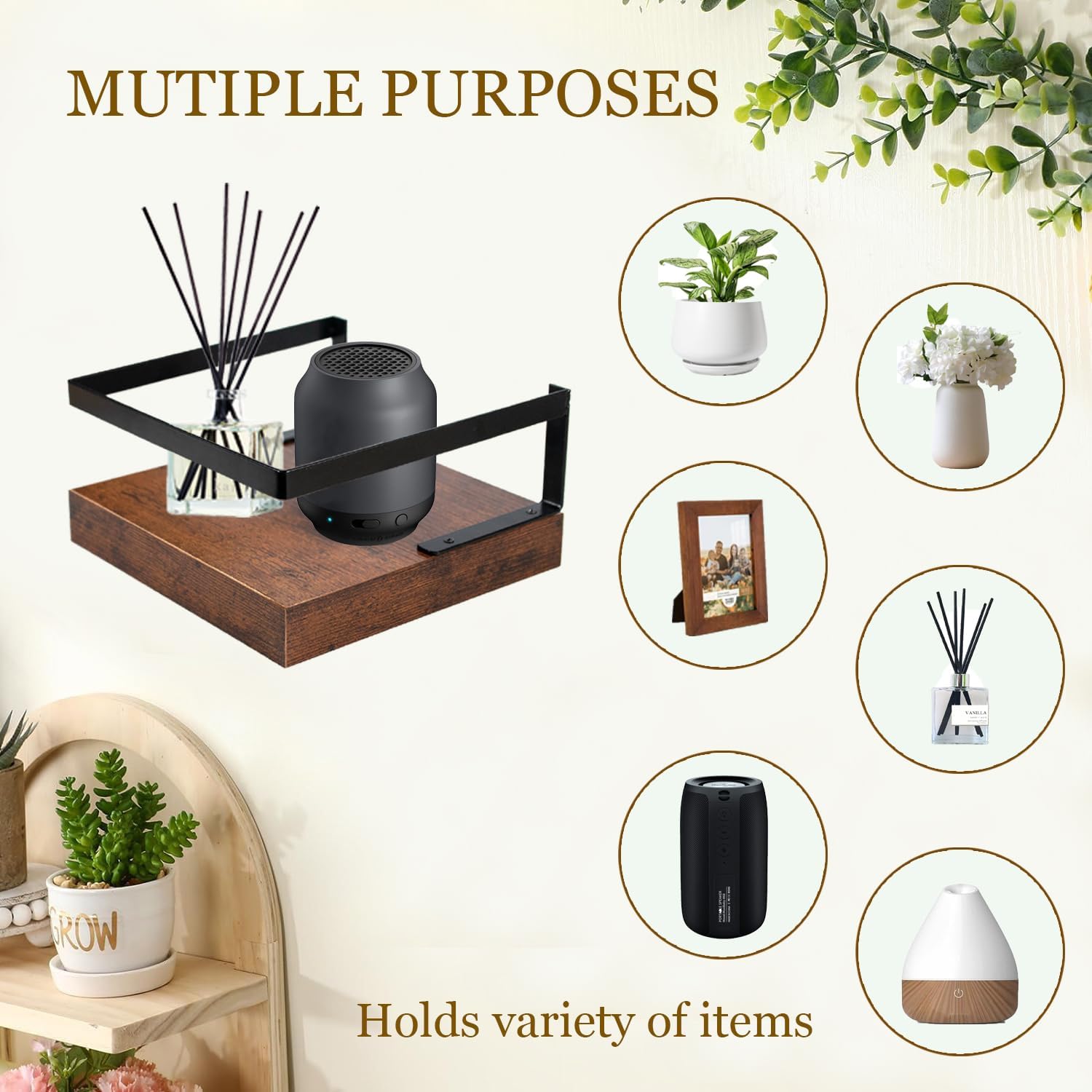 ARTORA Wall Mounted Plant Holder Wooden Floating Shelf with Invisible Bracket and Guardrail