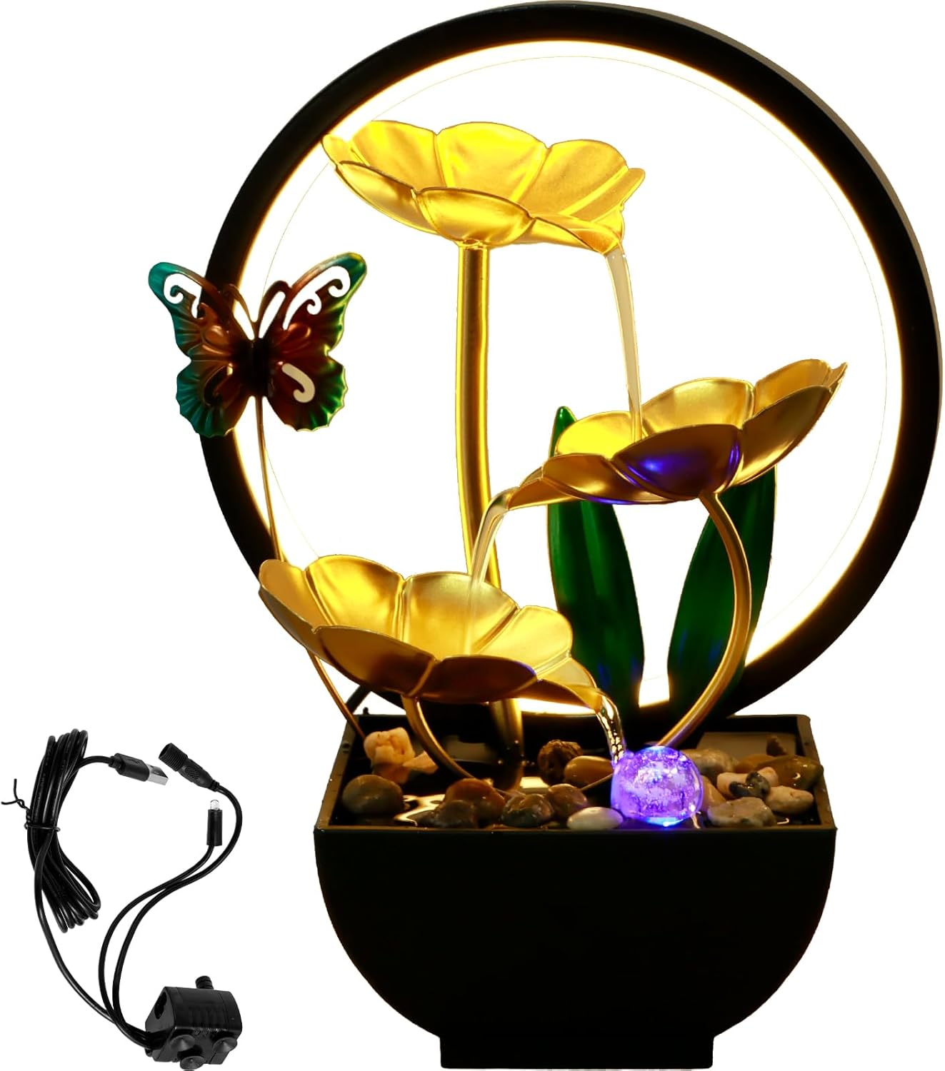 USB Powered Tabletop Fountain with LED Light and Natural Stones