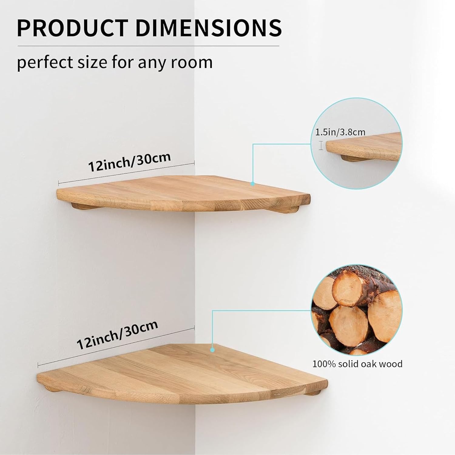 Set of 2 12 Inch Solid Oak Floating Corner Shelves