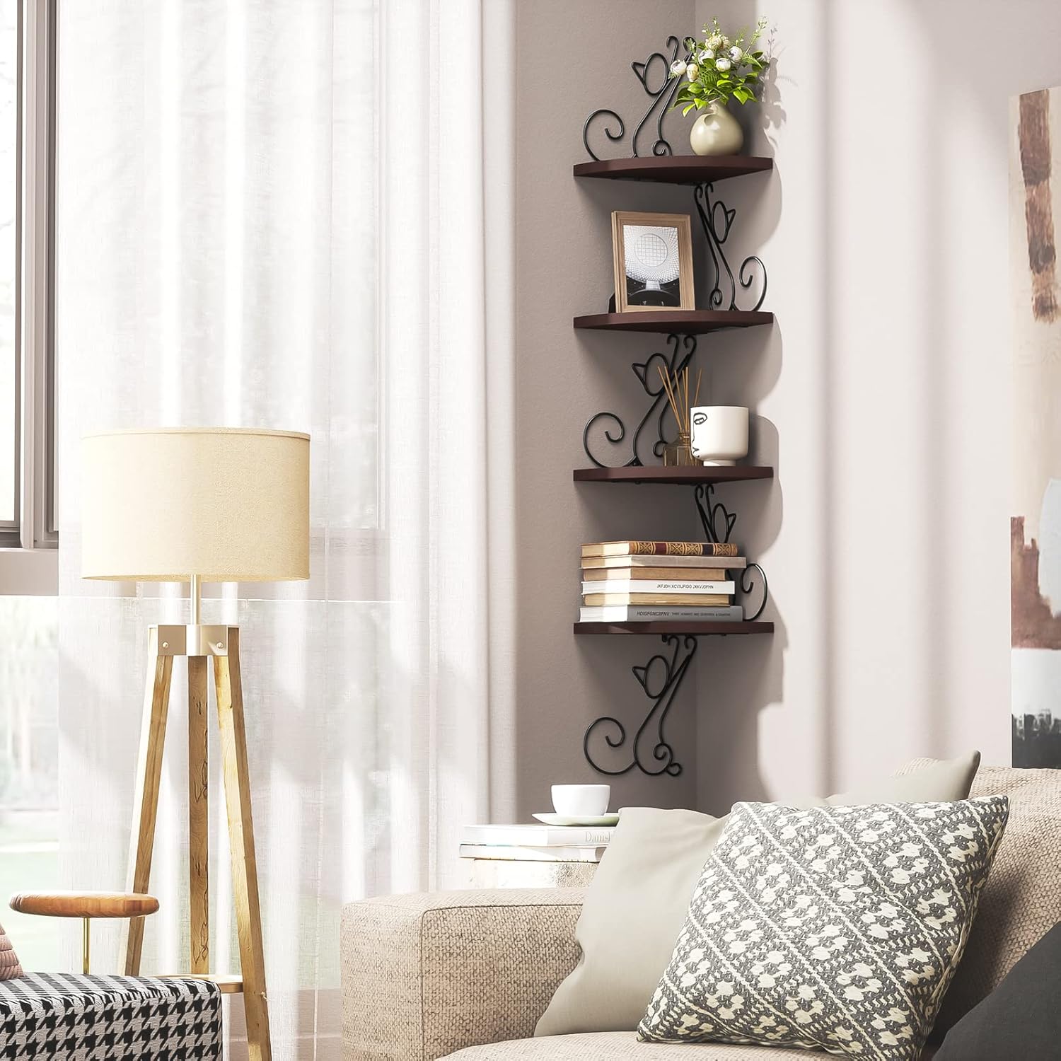 Alsonerbay 4 Tier Corner Wall Shelf with Walnut Finish