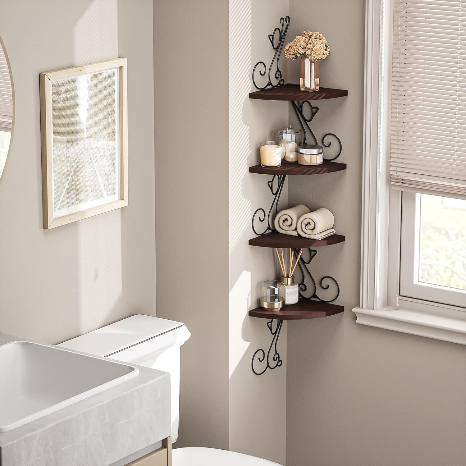 Alsonerbay 4 Tier Corner Wall Shelf with Walnut Finish