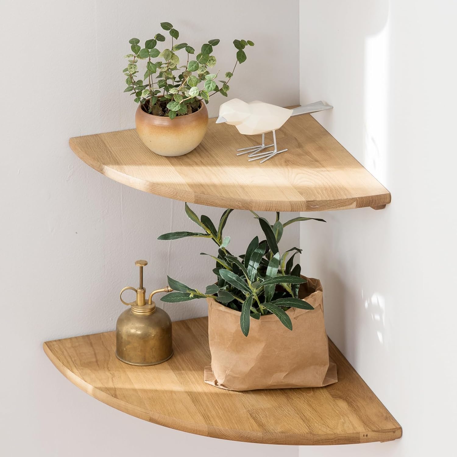 Set of 2 12 Inch Solid Oak Floating Corner Shelves