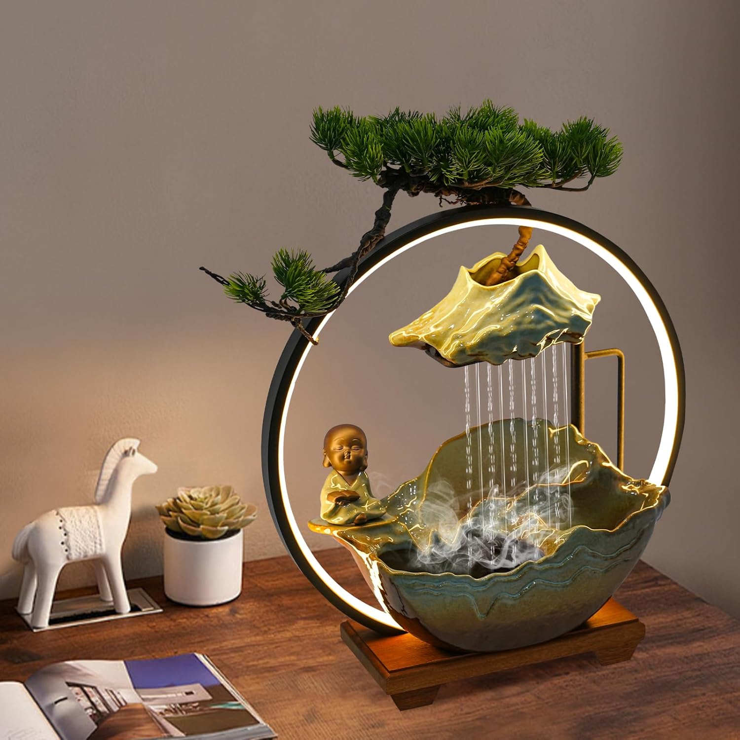 Ceramic Buddha Water Fountain with LED Light and Mist Atomizer