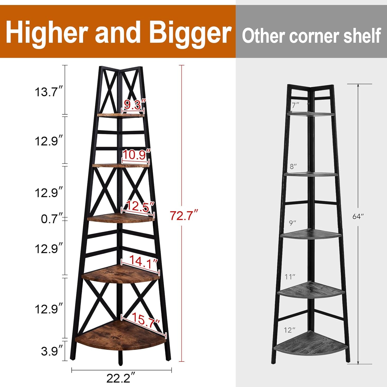 HOMBAZAAR 5 Tier Corner Shelf Industrial Brown
