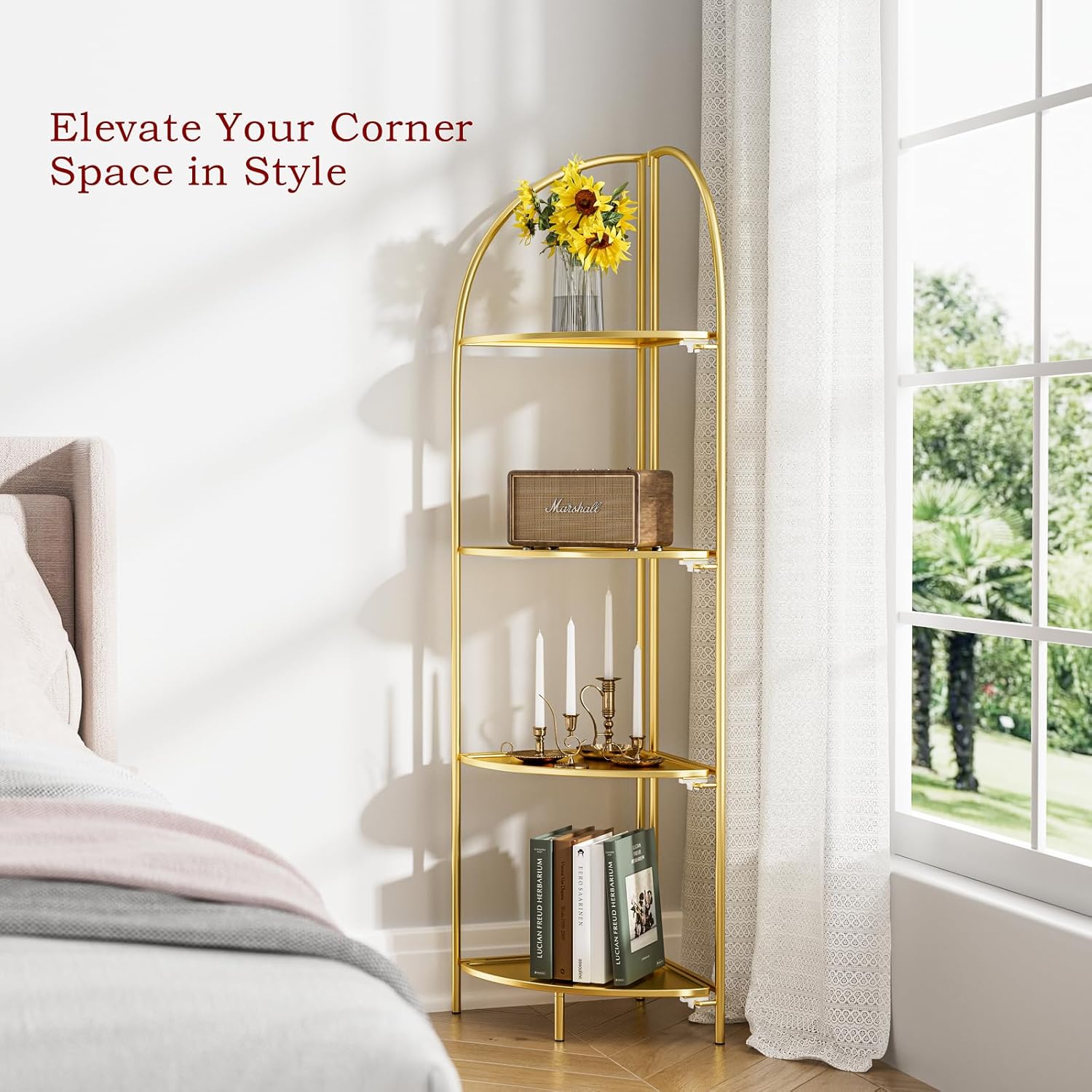 Crofy Foldable 4 Tier Corner Shelf with Gold Frame