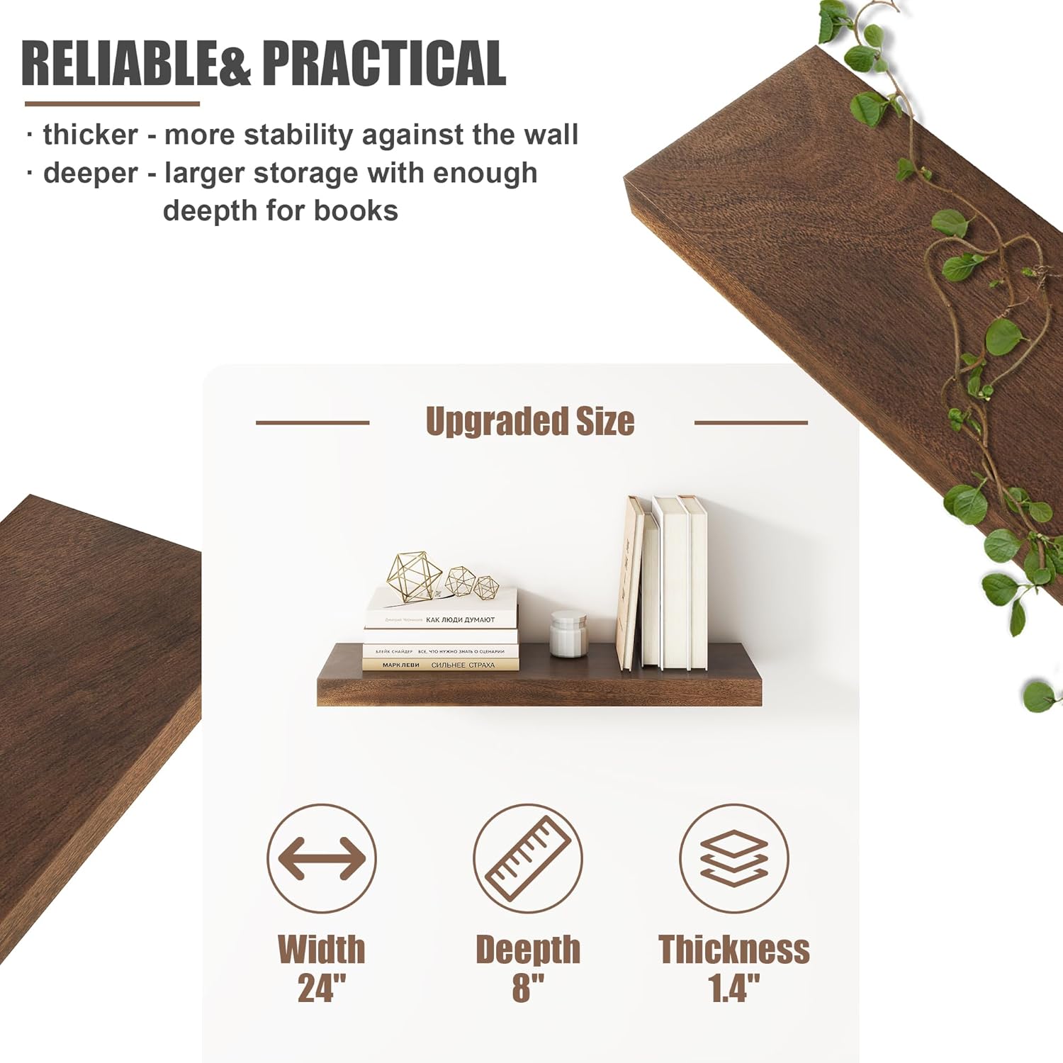 FLYJOE Floating Shelves Set of 2 24 Inch Walnut Wood Wall Mount