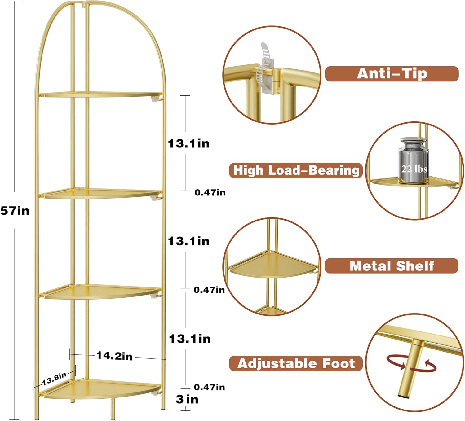 Crofy Foldable 4 Tier Corner Shelf with Gold Frame
