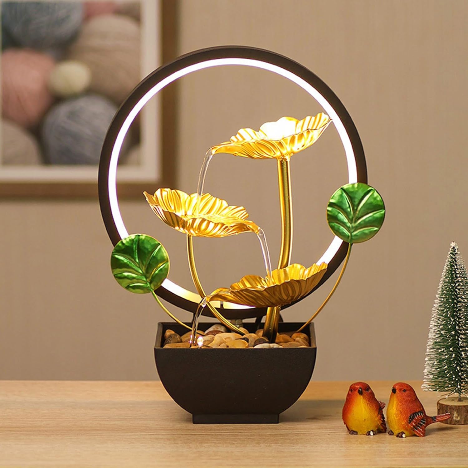 Indoor Tabletop 3 Tiered Fountain with LED Light and Stones