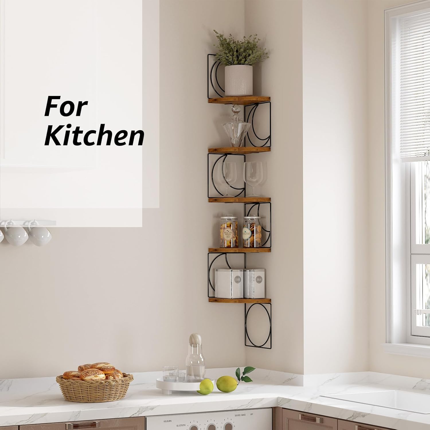 PHAREGE 5 Tier Moon Phase Corner Shelves Brown Black