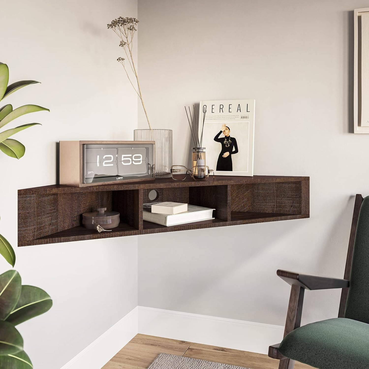 BELLEZE Modern Corner Shelf with 3 Shelves and Cable Cutout