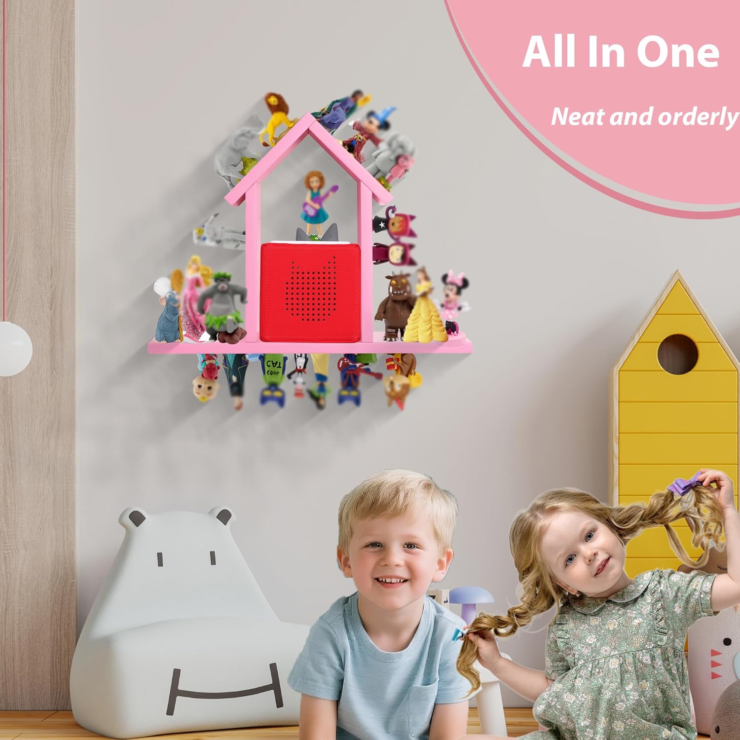 For Tonies Figures Magnetic Shelf Organizer Holder Pink Pine Wood Large