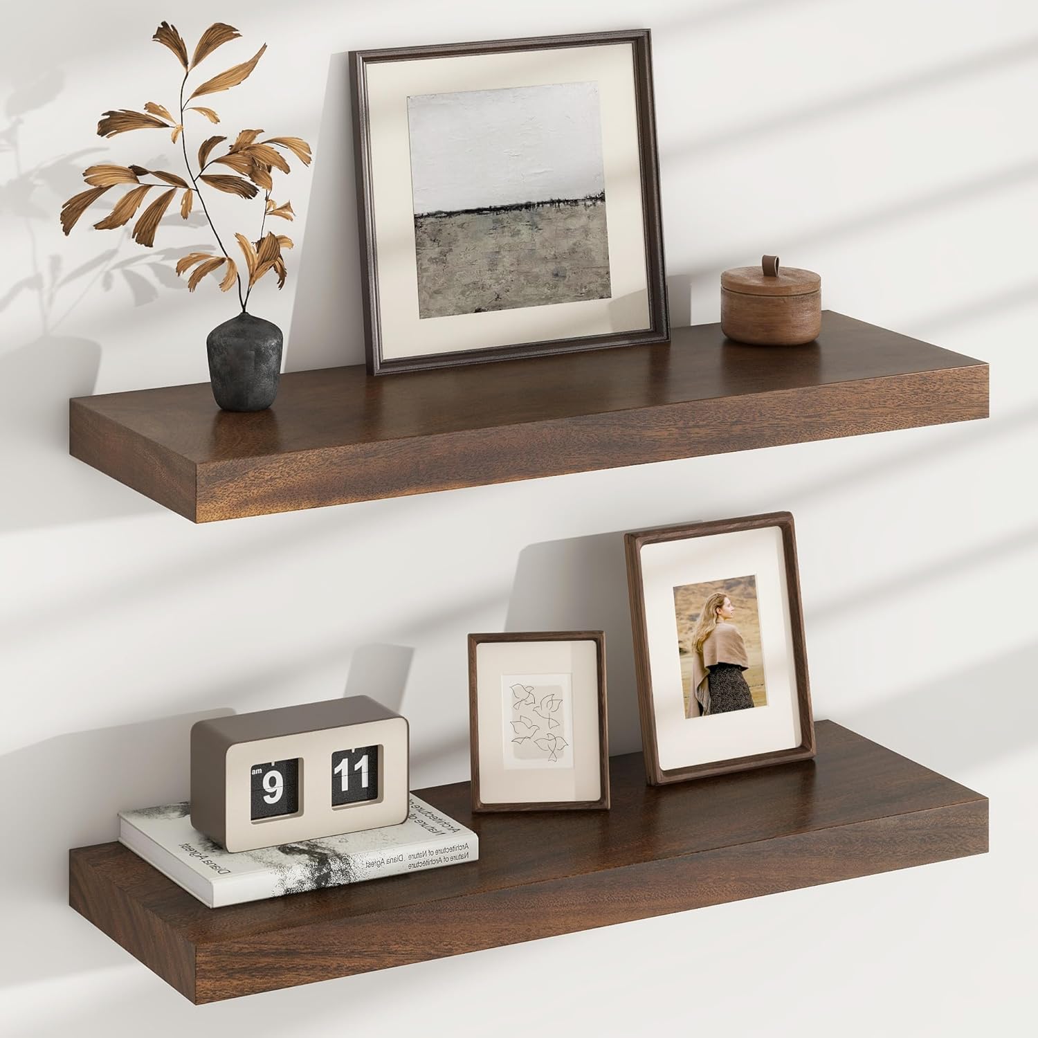FLYJOE Floating Shelves Set of 2 24 Inch Walnut Wood Wall Mount