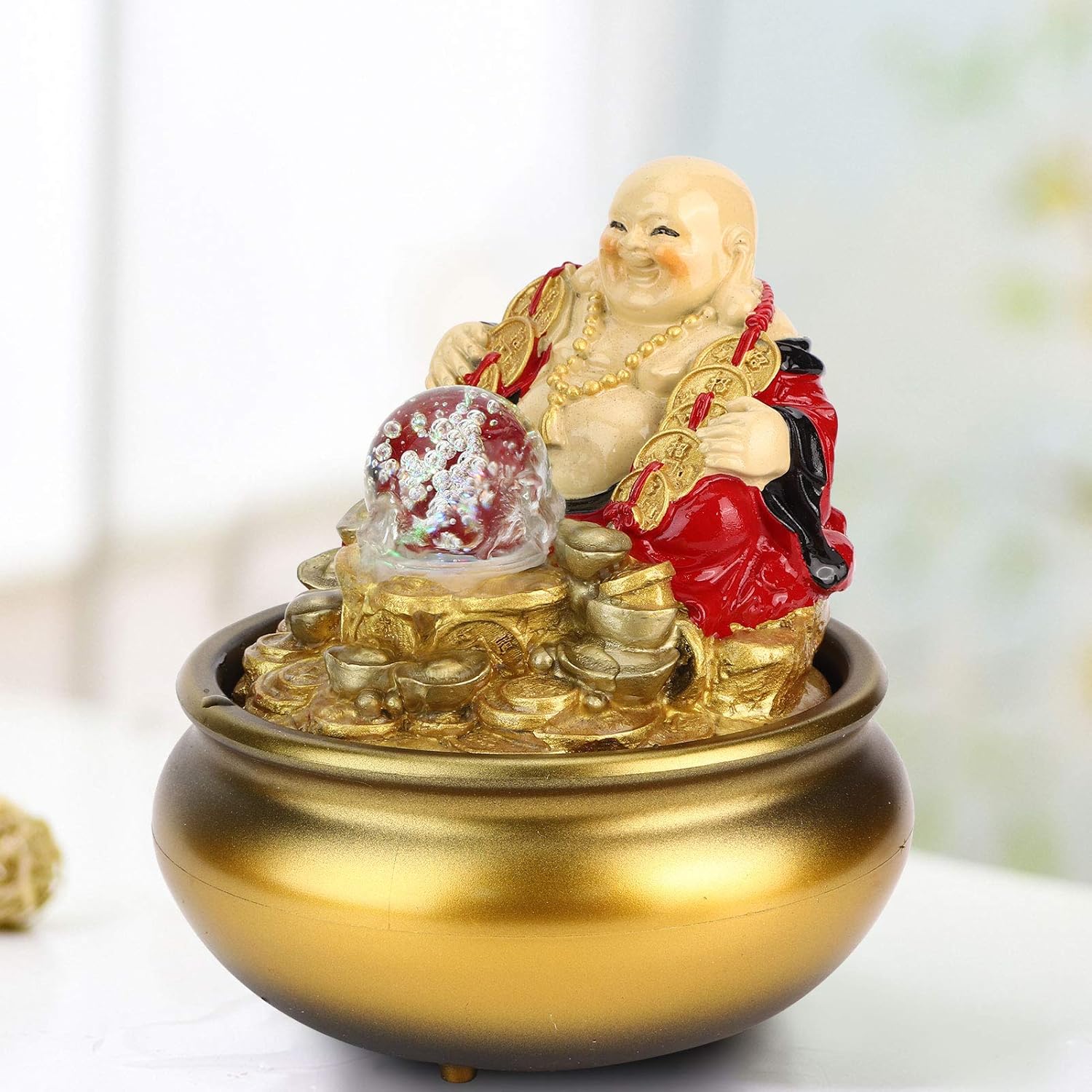 Golden Desktop Fountain with LED Light and Crystal Ball