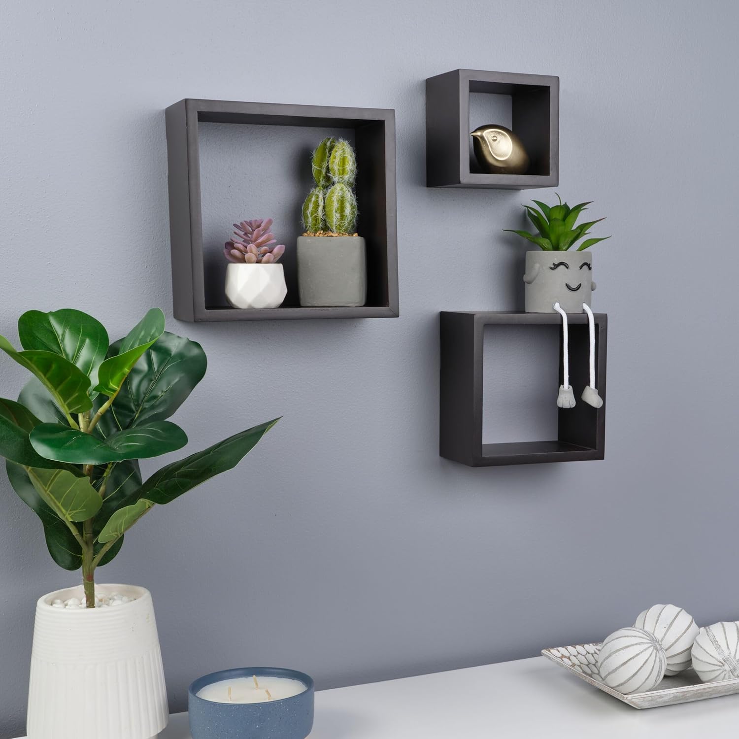 Melannco Set of 3 Floating Square Wood Shelves - Espresso