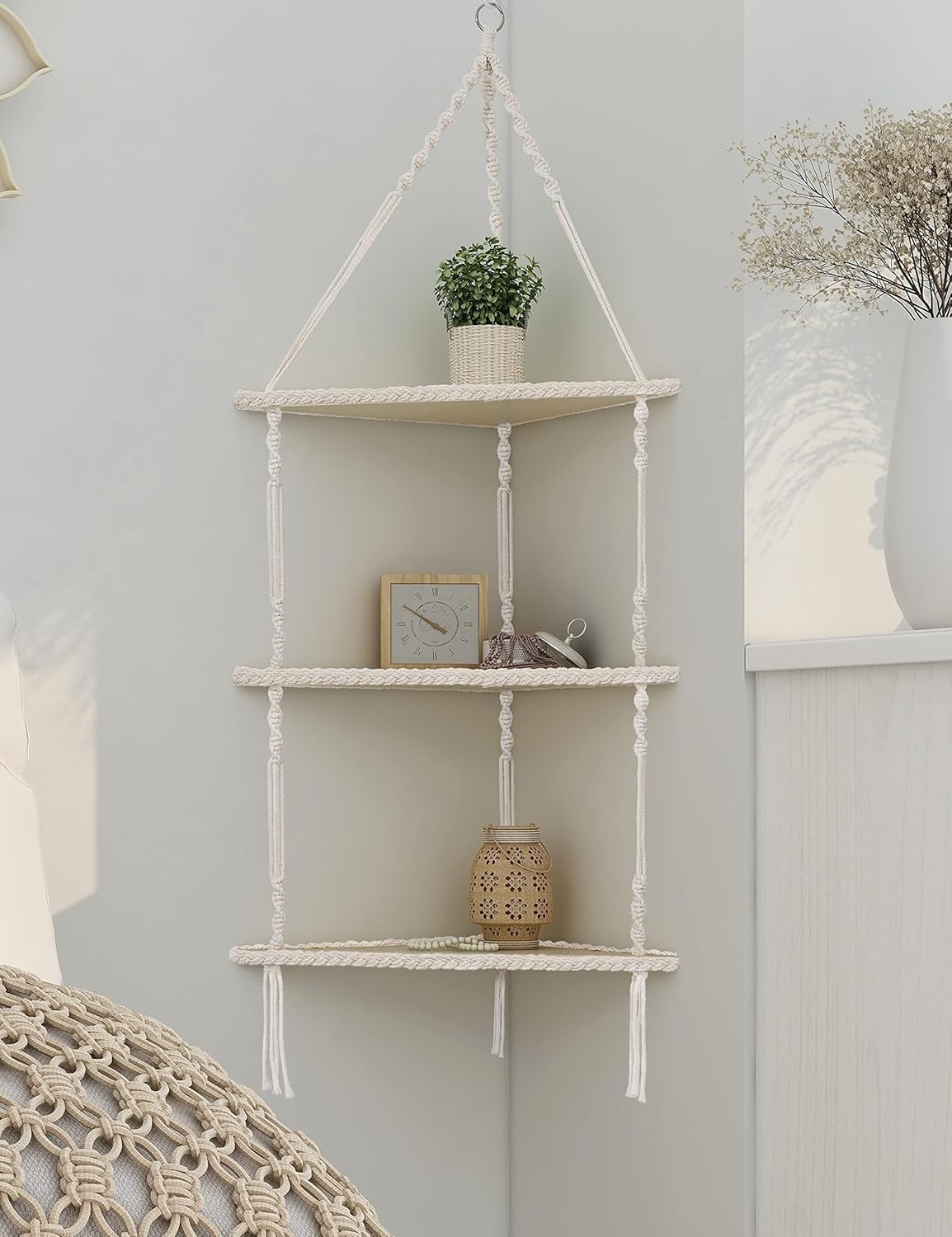 Mazjoaru 3 Tier Corner Shelves Boho Hanging Decor Organizer