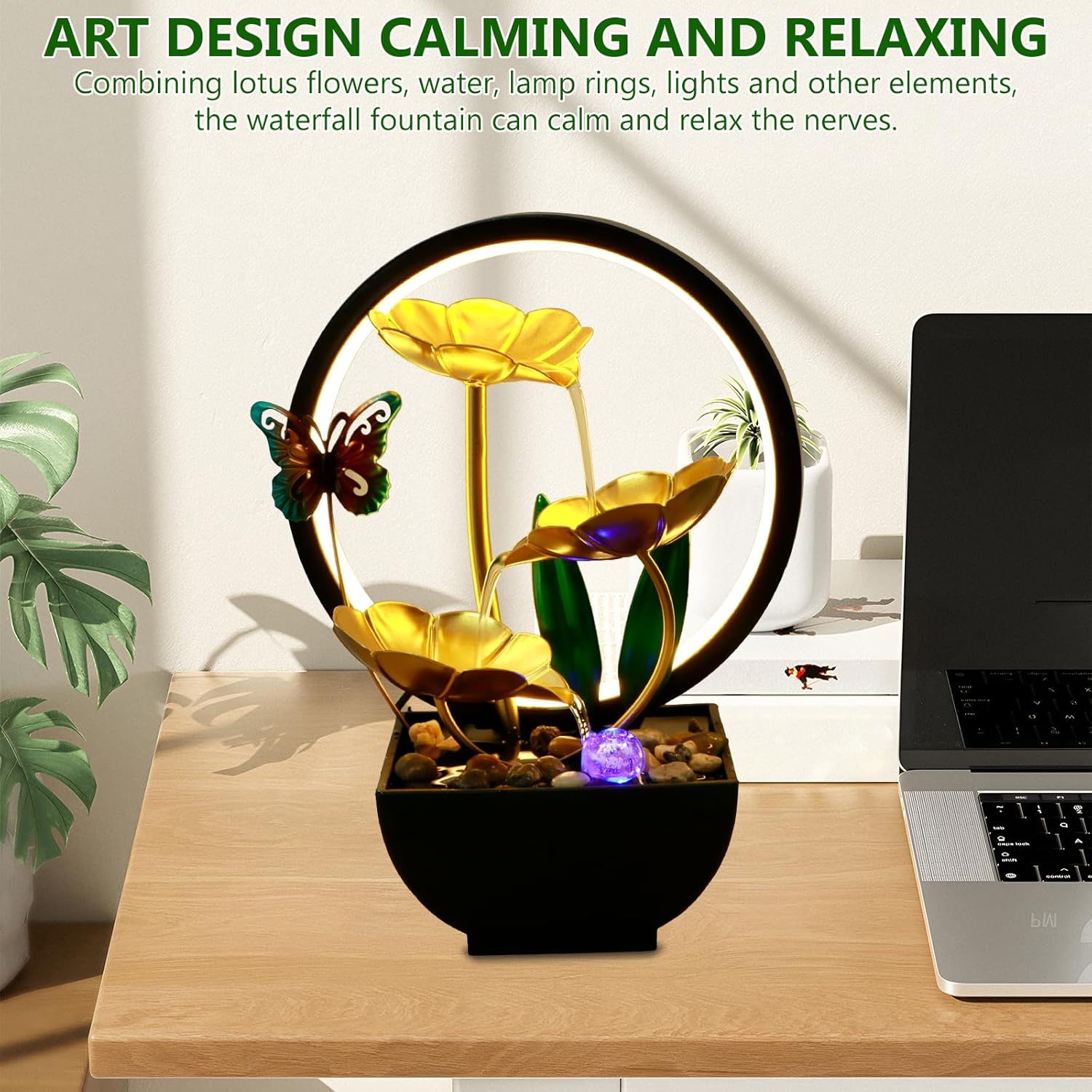 USB Powered Tabletop Fountain with LED Light and Natural Stones