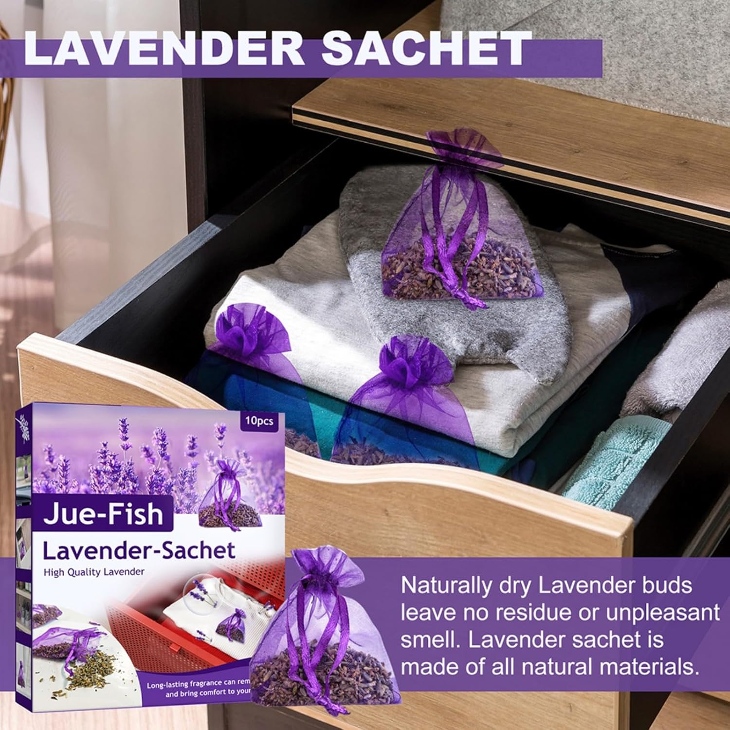 10 Pack Natural Dried Lavender Sachets for Closets and Drawers