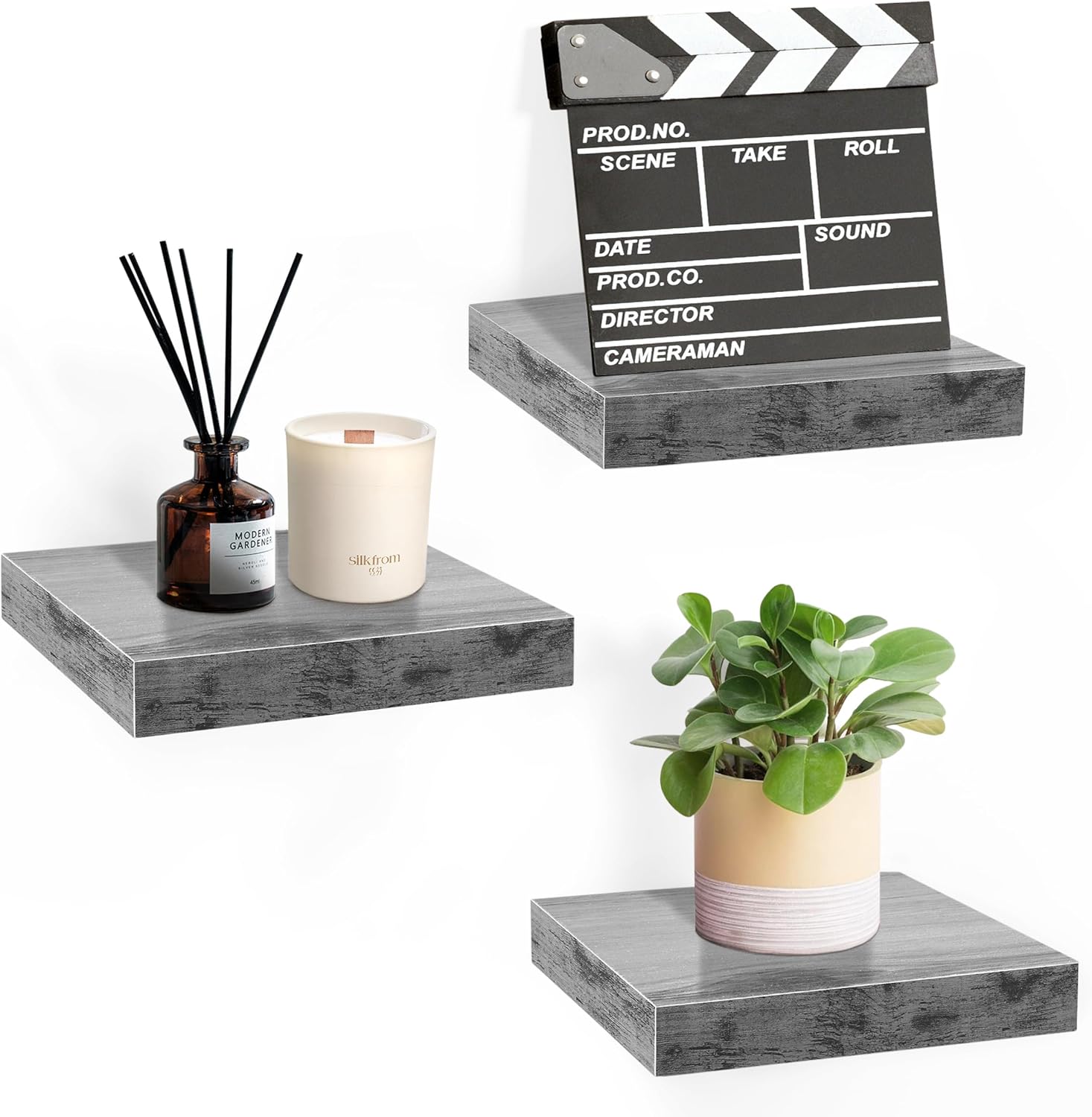 Sorbus Square Floating Shelf Set of 3 Rustic Grey