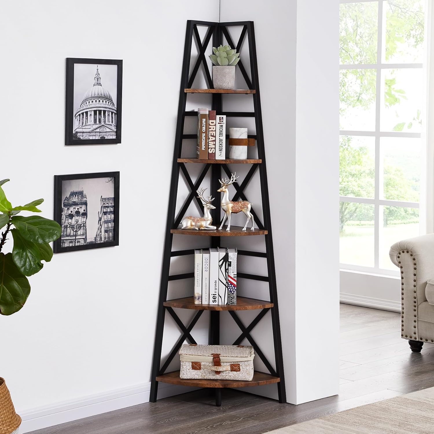 HOMBAZAAR 5 Tier Corner Shelf Industrial Brown