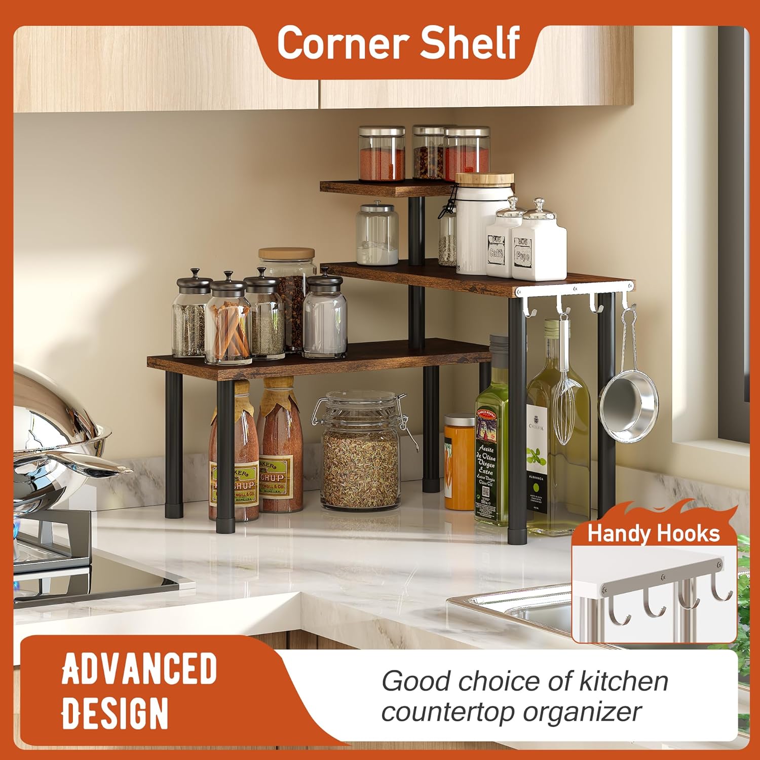 GHWIE Corner Shelf Organizer 3 Tier Bamboo Kitchen Rack