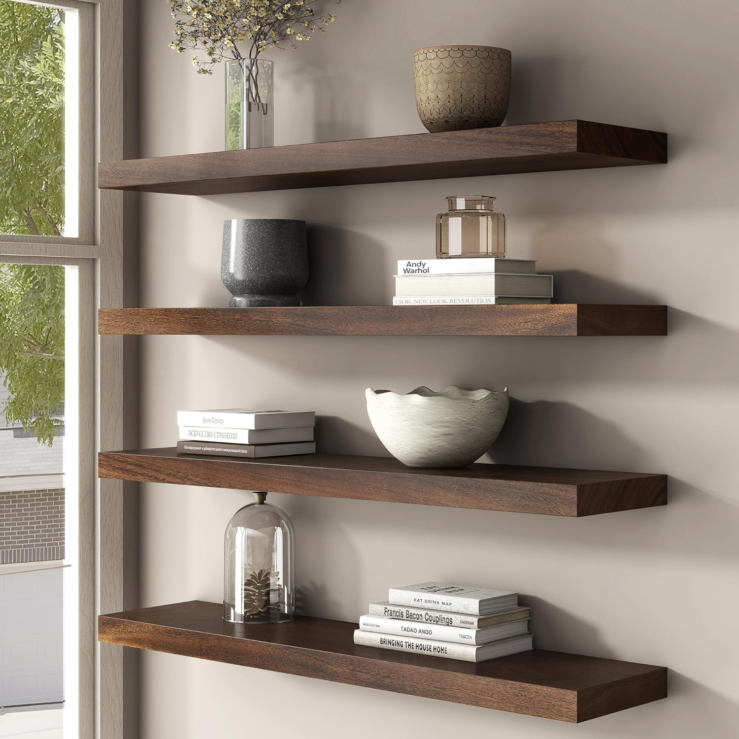 FLYJOE Floating Shelves Set of 2 24 Inch Walnut Wood Wall Mount