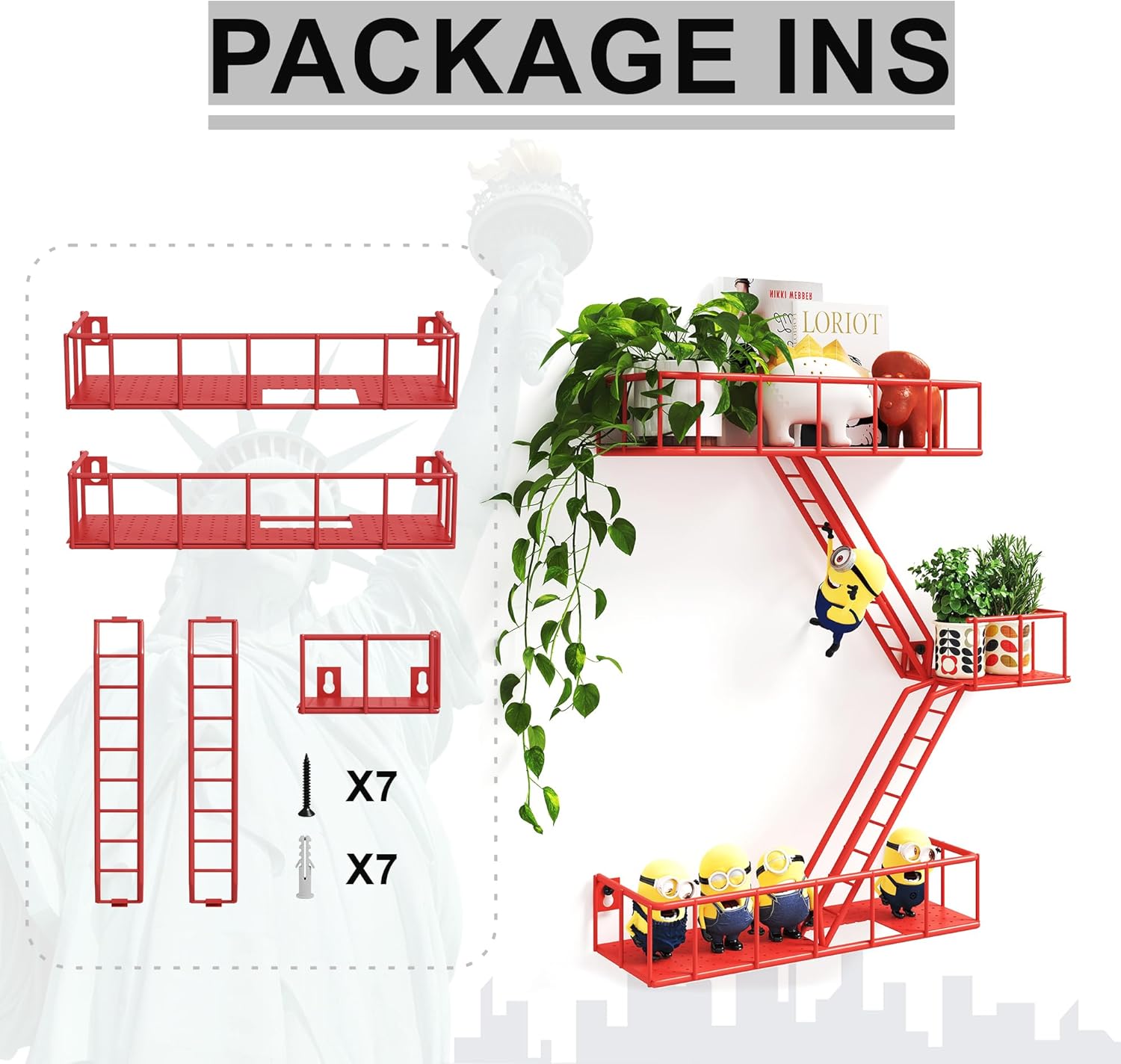 Fire Escape Shelf - 3 Tier Metal Wall Shelves with Baskets