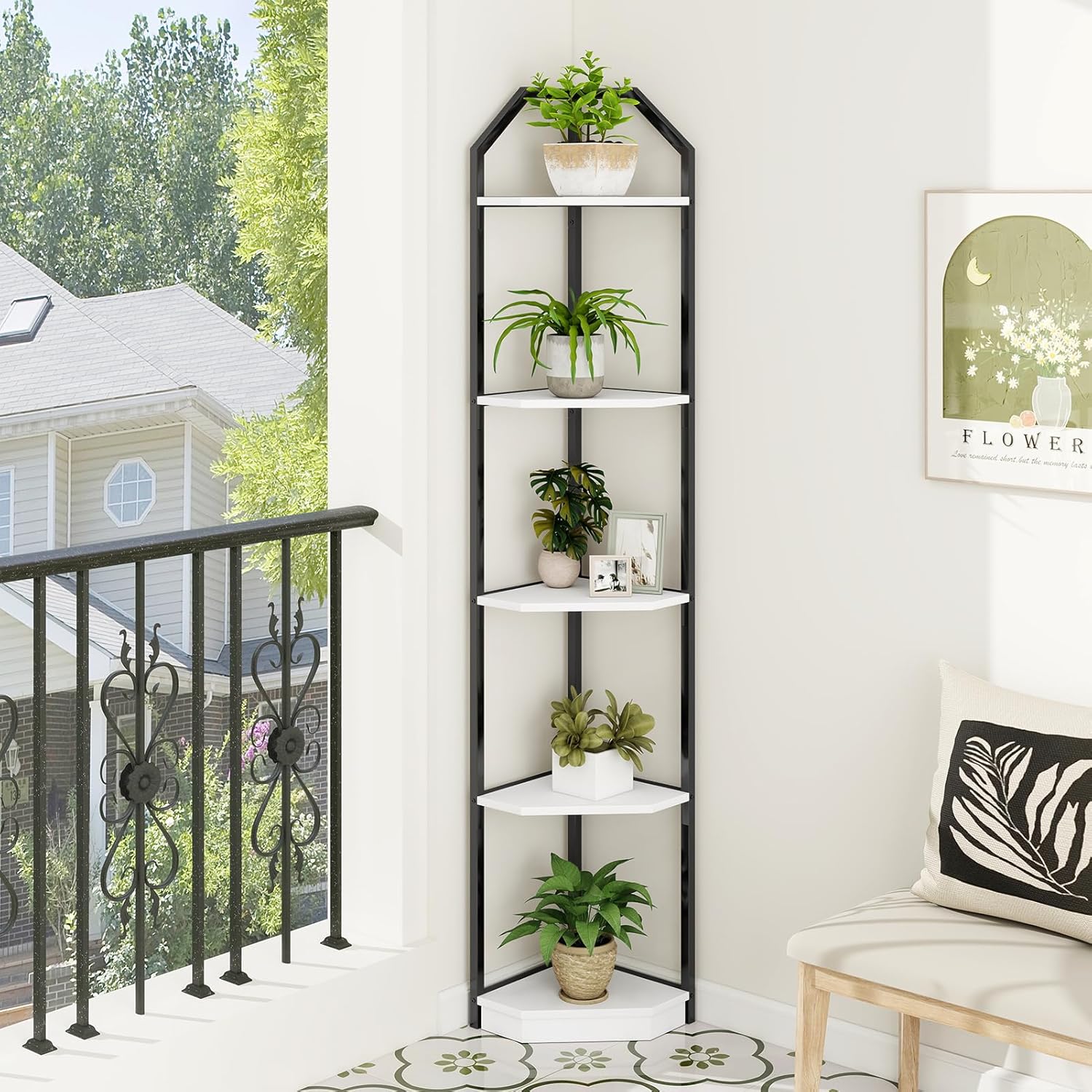 70 Inch Tall Corner Shelf Stand with 5 Tiers White