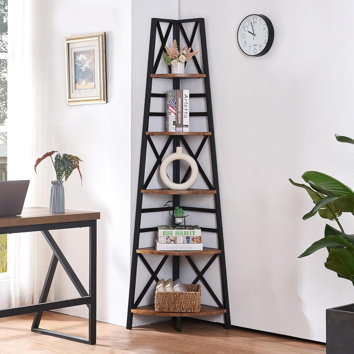 HOMBAZAAR 5 Tier Corner Shelf Industrial Brown