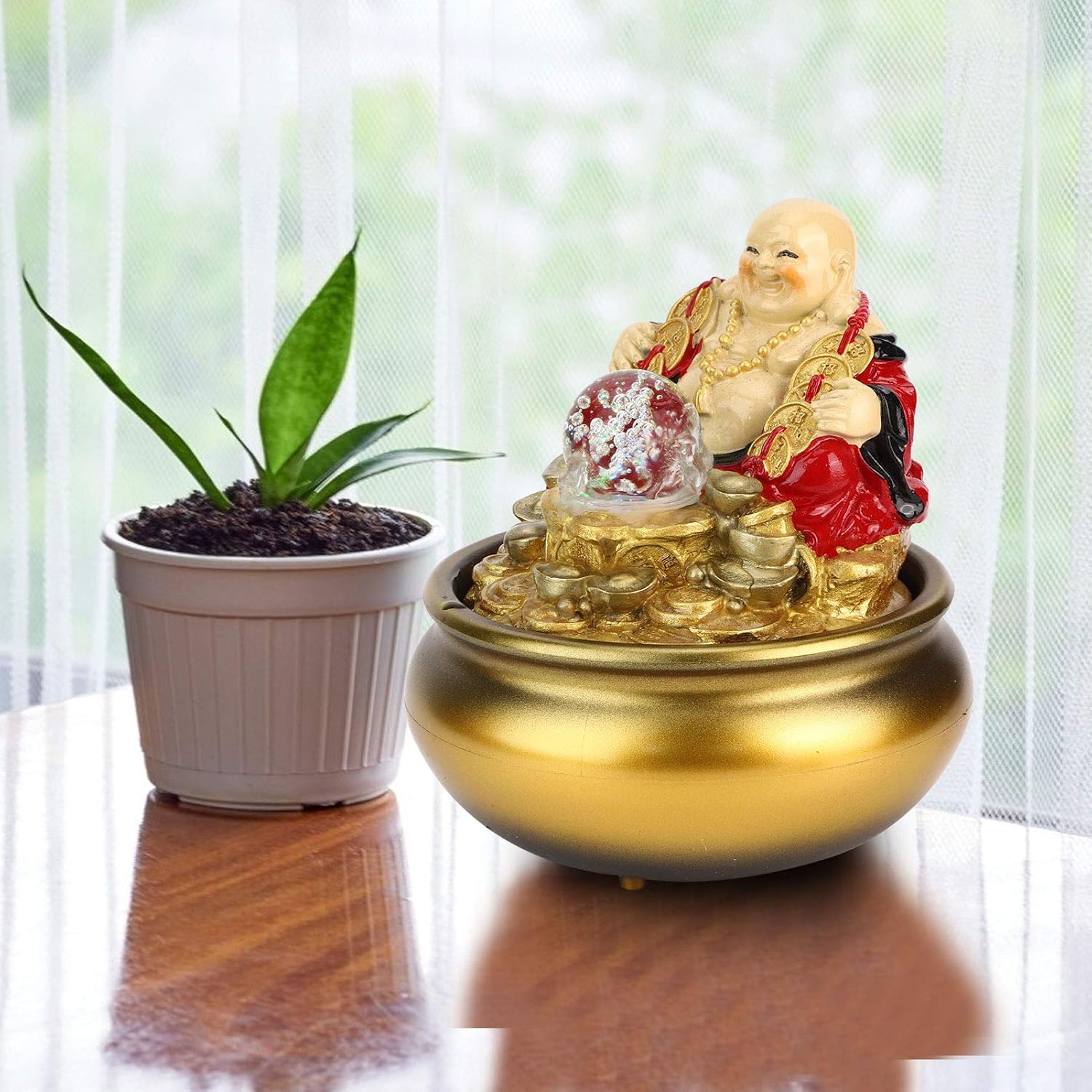 Golden Desktop Fountain with LED Light and Crystal Ball