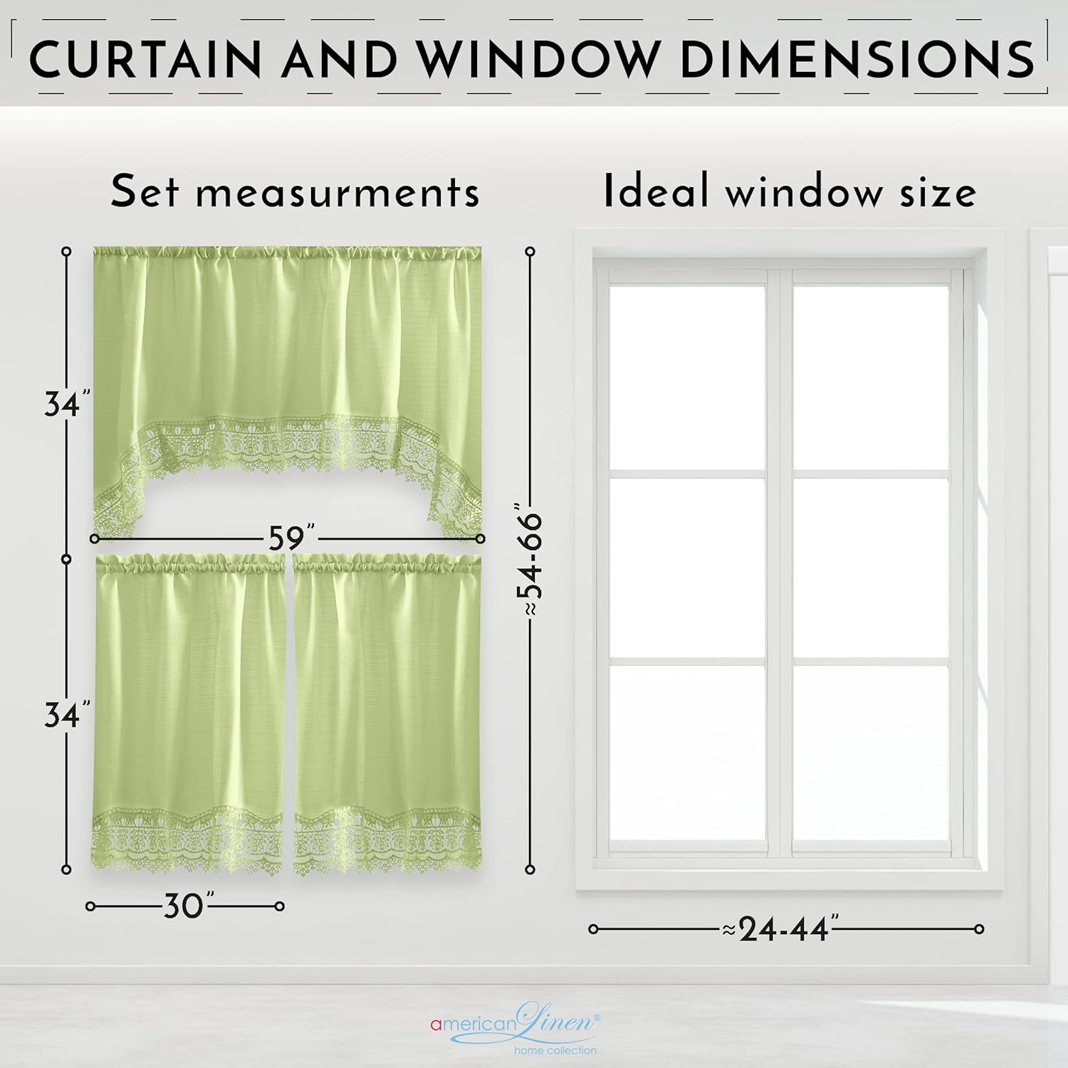 American Linen Caf Curtains Set with Valance and Lace Border