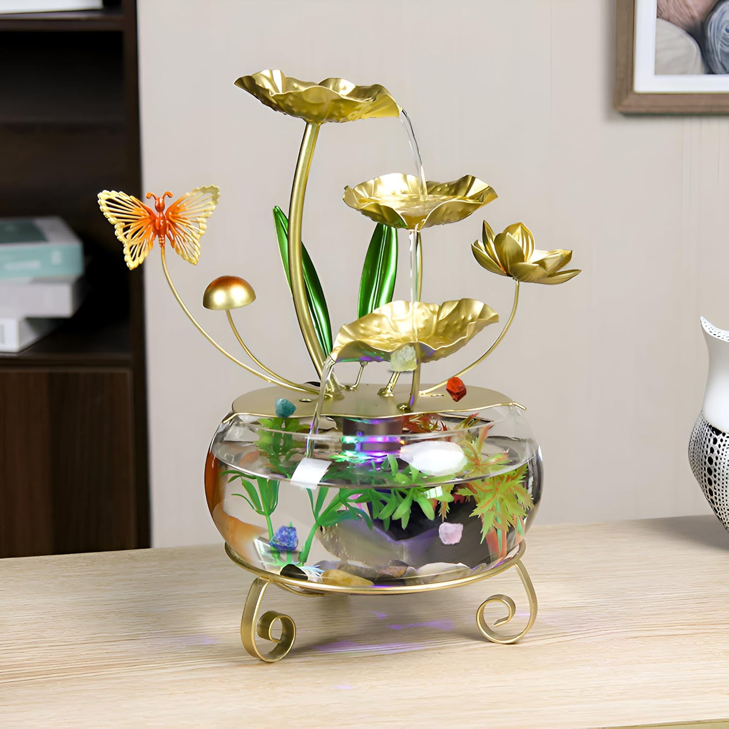 Golden Tabletop Fountain with Lotus Leaf Design JS01601