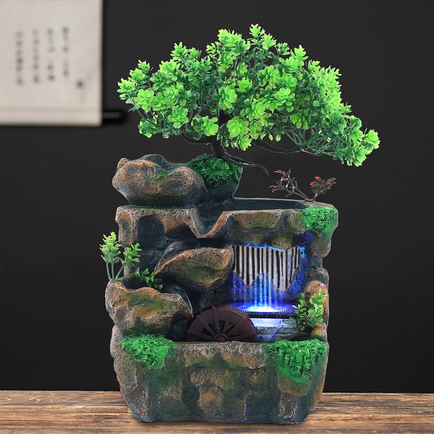 Desktop Water Fountain with LED Light Indoor Rockery Decor