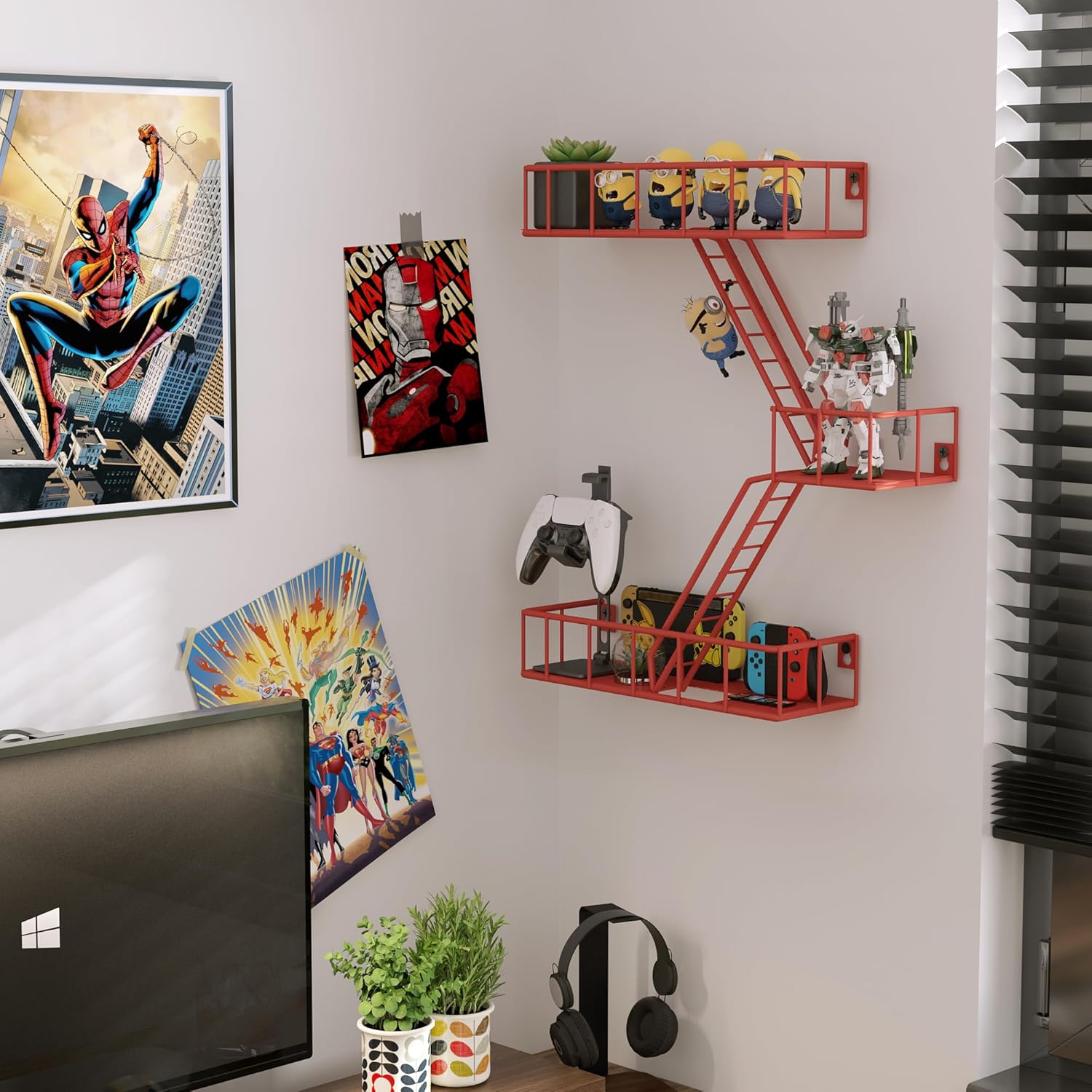 Fire Escape Shelf - 3 Tier Metal Wall Shelves with Baskets
