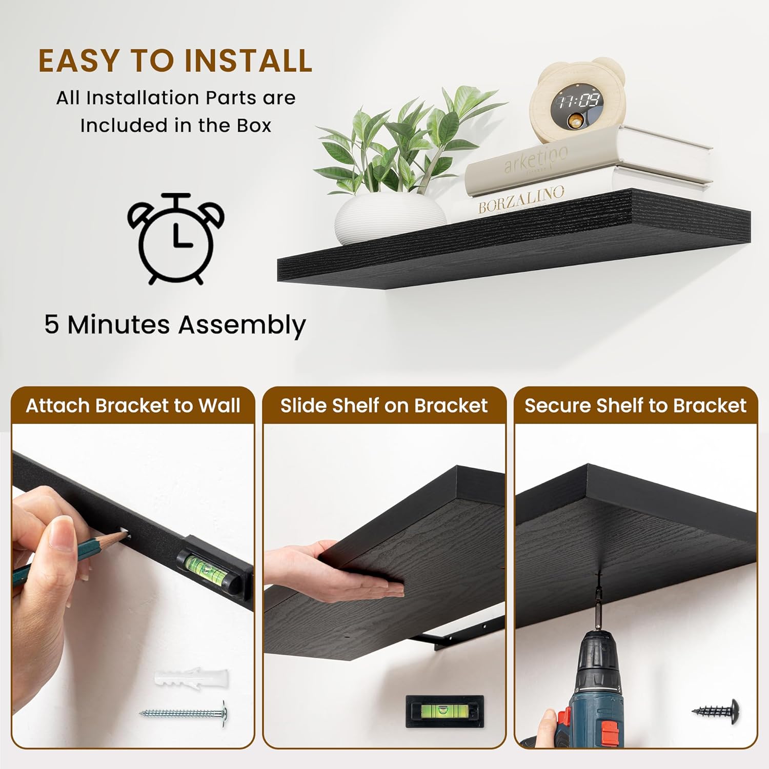 Fun Memories Floating Shelves Wall Mounted 32 Inch Black Set of 2