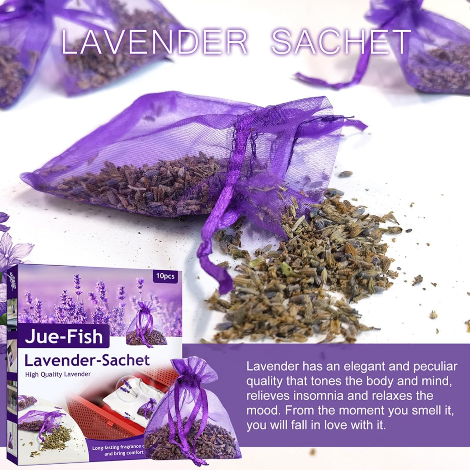 10 Pack Natural Dried Lavender Sachets for Closets and Drawers