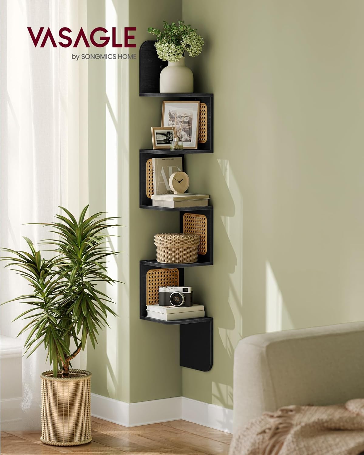 VASAGLE 5-Tier Corner Shelf with PVC Rattan Sides