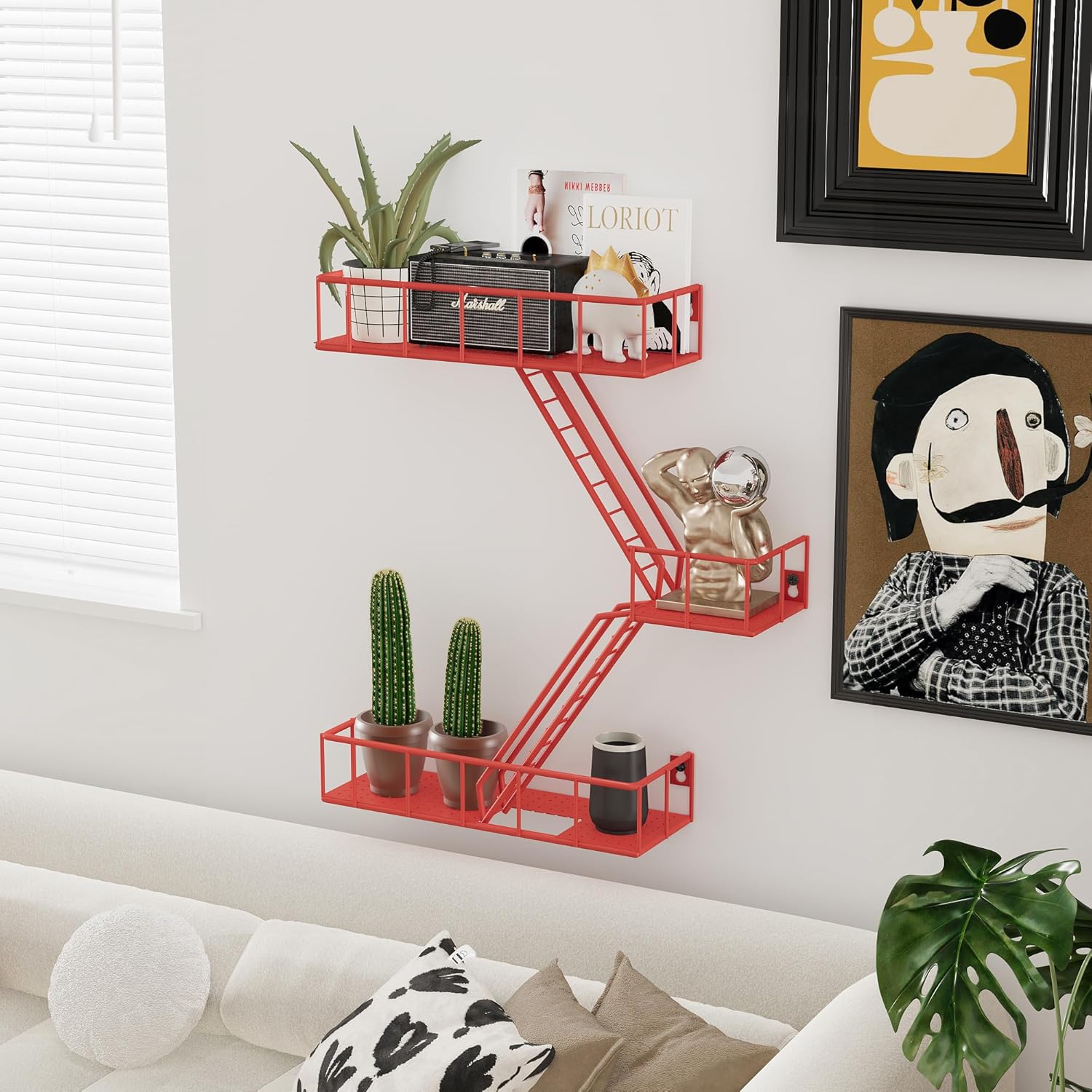 Fire Escape Shelf - 3 Tier Metal Wall Shelves with Baskets