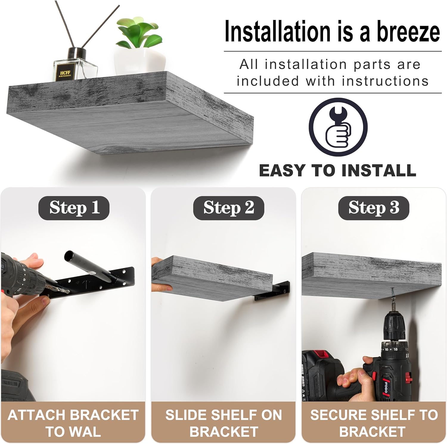 Sorbus Square Floating Shelf Set of 3 Rustic Grey