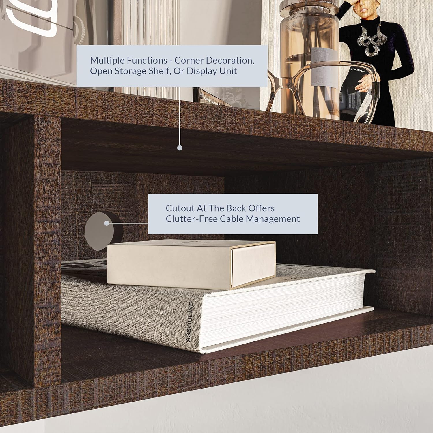 BELLEZE Modern Corner Shelf with 3 Shelves and Cable Cutout